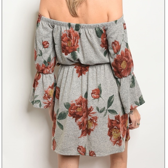Grey, Floral Off The Shoulder Dress - Picture 2 of 2